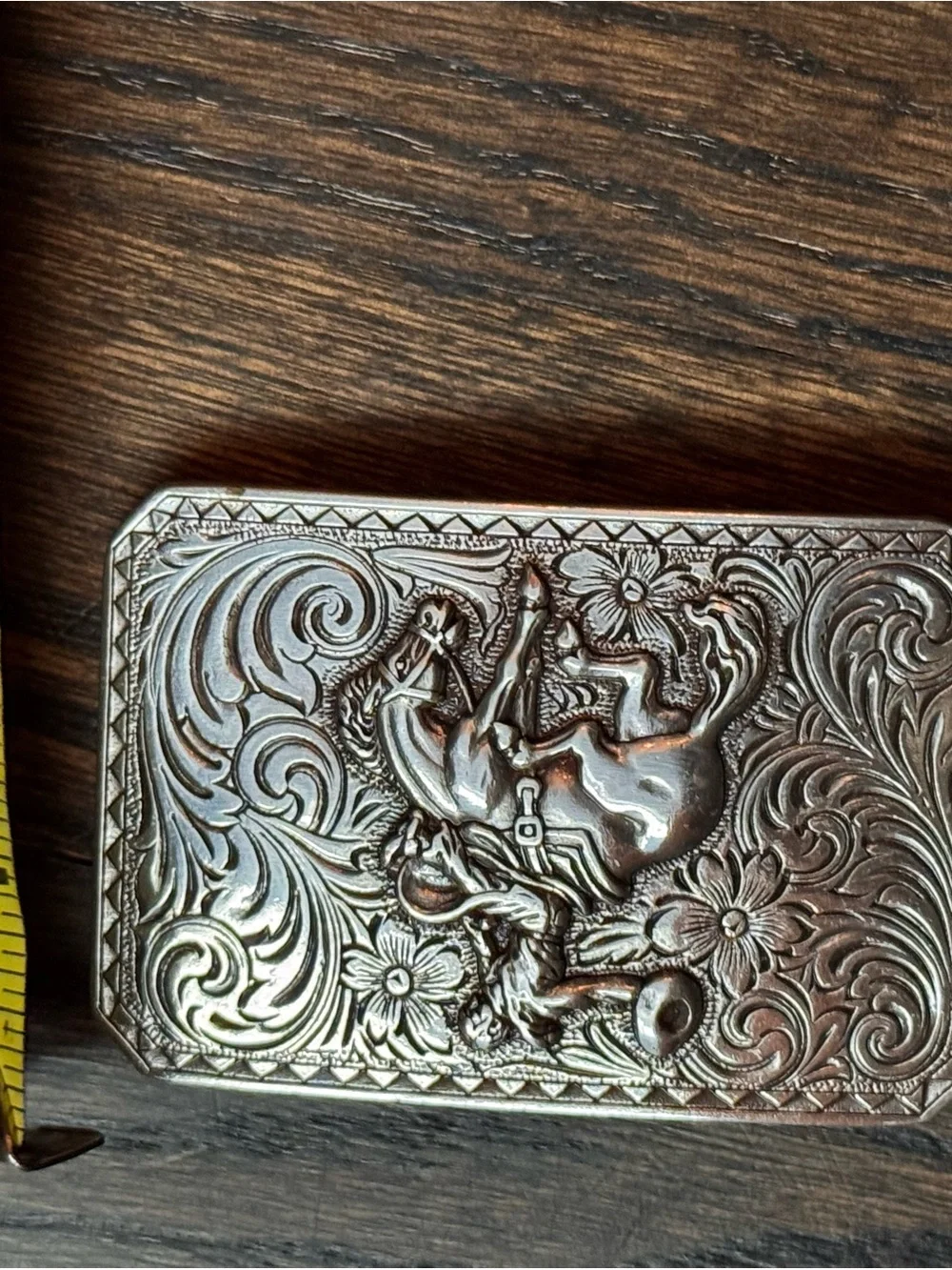 Western Rodeo Engraved Belt Buckle - Silver Tone